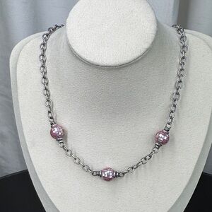 925 Sterling Silver Vintage RE Pink MOP Bead Station Rolo Chain Necklace 16”